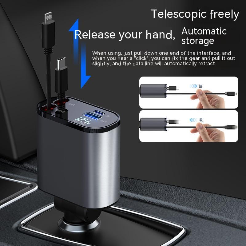Retractable 4-in-1 Car Phone Charger – 86W Fast Charging with Adjustable Head & Voltage Display