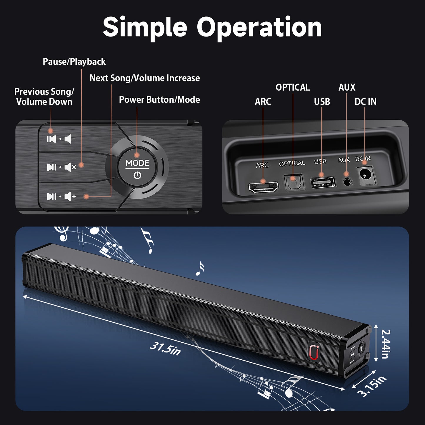 JYX H7 31.5" Soundbar with Subwoofer | 3D Surround Sound for TV | Wall-Mountable Home Theater Speaker