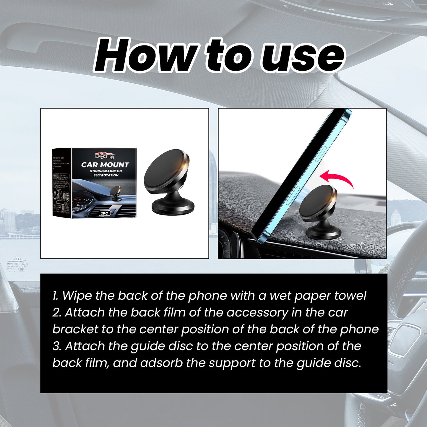 Rayhong Magnetic Folding Car Phone Stand | 360° Rotating Dashboard Mount