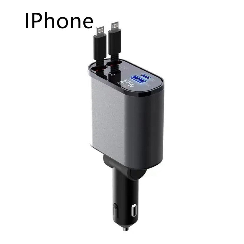 Retractable 4-in-1 Car Phone Charger – 86W Fast Charging with Adjustable Head & Voltage Display