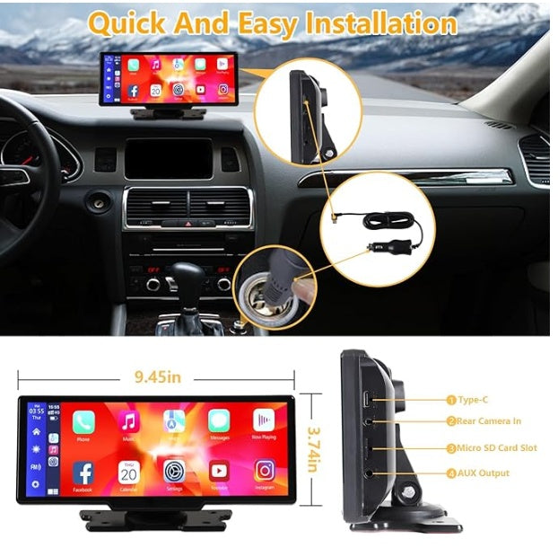 Portable Wireless CarPlay & Android Auto | 9.3" Ultra HD Screen with 2.5K Front + 1080P Rear Cameras, GPS, Bluetooth, DVR & FM Radio