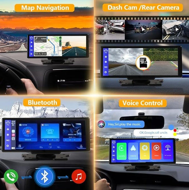 Portable Wireless CarPlay & Android Auto | 9.3" Ultra HD Screen with 2.5K Front + 1080P Rear Cameras, GPS, Bluetooth, DVR & FM Radio