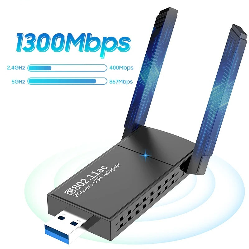 USB 3.0, WiFi Adapter, 1300Mbps, Dual Band, 5GHz, Long Range.