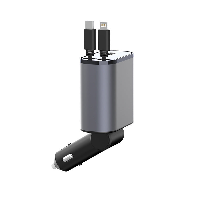 Retractable 4-in-1 Car Phone Charger – 86W Fast Charging with Adjustable Head & Voltage Display