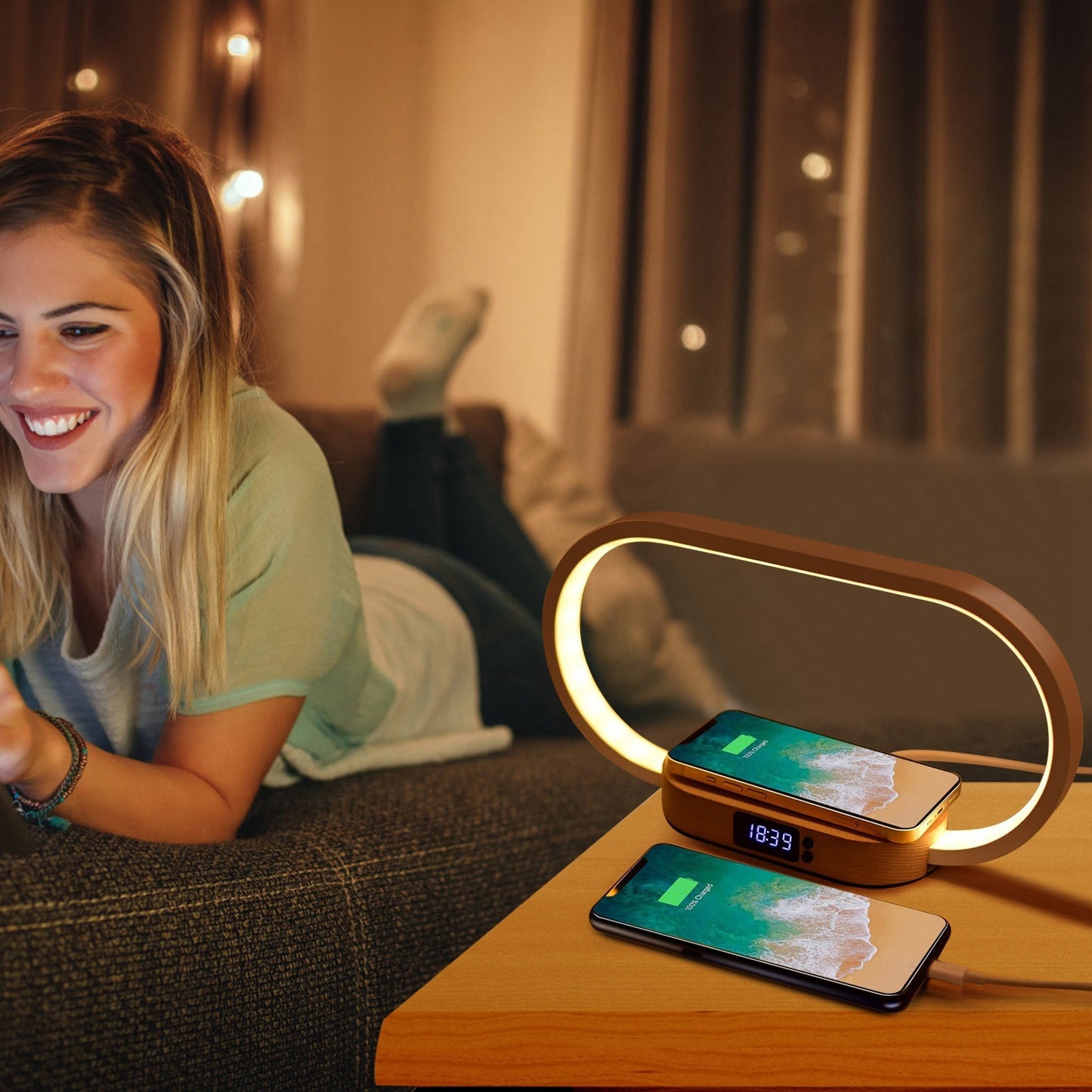 Touch Control Bedside Lamp with Clock & Wireless Charging | LED Dimmable Desk Lamp