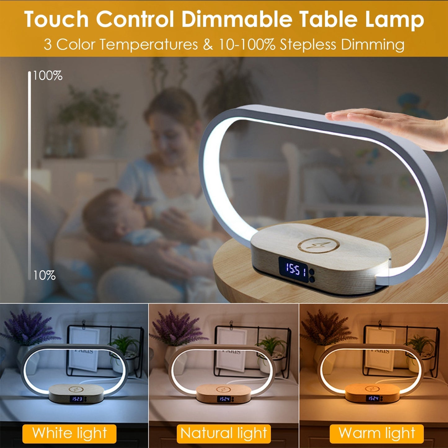 Touch Control Bedside Lamp with Clock & Wireless Charging | LED Dimmable Desk Lamp