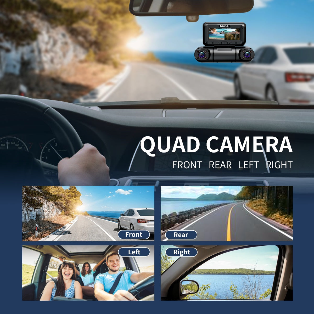 Hainatech 360° 4-Channel Dash Cam | Front, Rear, Inside & Side Views | GPS, WiFi, Night Vision, 24/7 Parking Mode + 128GB Card