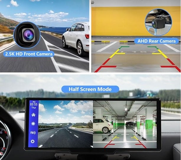 Portable Wireless CarPlay & Android Auto | 9.3" Ultra HD Screen with 2.5K Front + 1080P Rear Cameras, GPS, Bluetooth, DVR & FM Radio