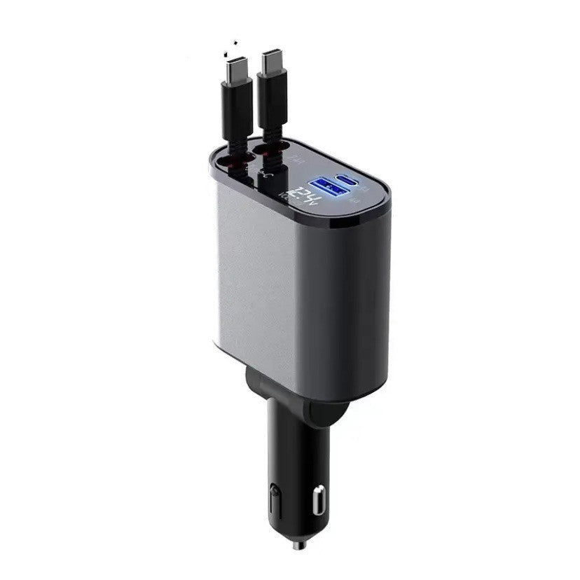 Retractable 4-in-1 Car Phone Charger – 86W Fast Charging with Adjustable Head & Voltage Display