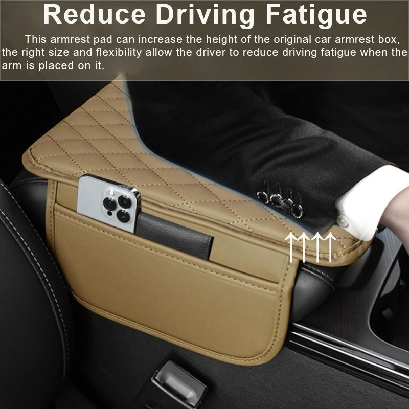 Car Armrest Box Booster Pad with Side Storage Bag | Reinforced Comfort Cushion