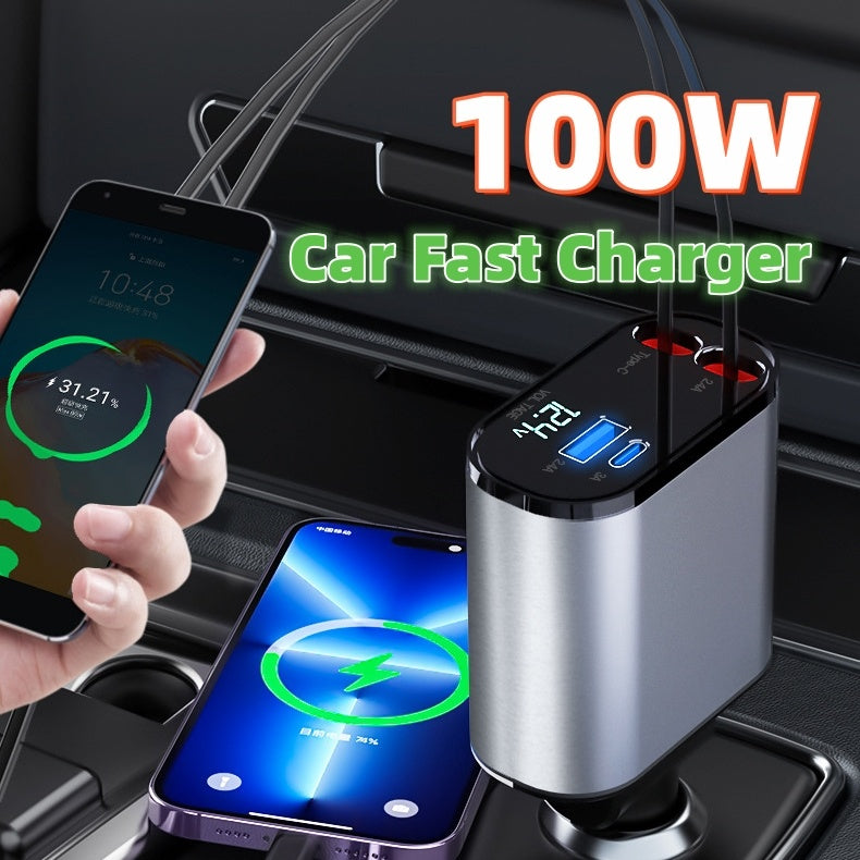 Retractable 4-in-1 Car Phone Charger – 86W Fast Charging with Adjustable Head & Voltage Display