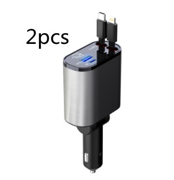 Retractable 4-in-1 Car Phone Charger – 86W Fast Charging with Adjustable Head & Voltage Display