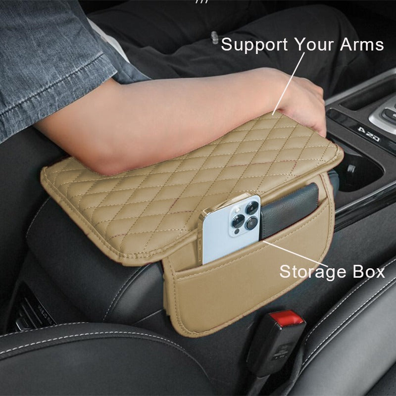 Car Armrest Box Booster Pad with Side Storage Bag | Reinforced Comfort Cushion