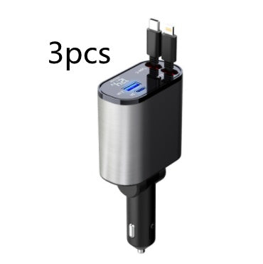 Retractable 4-in-1 Car Phone Charger – 86W Fast Charging with Adjustable Head & Voltage Display