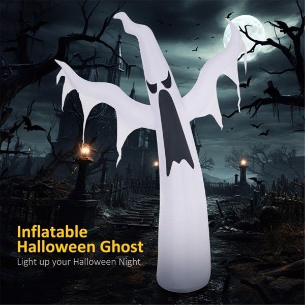 6ft Inflatable White Ghost with LED Lights – Halloween Outdoor Yard Decoration with Fan, Stakes & Ropes