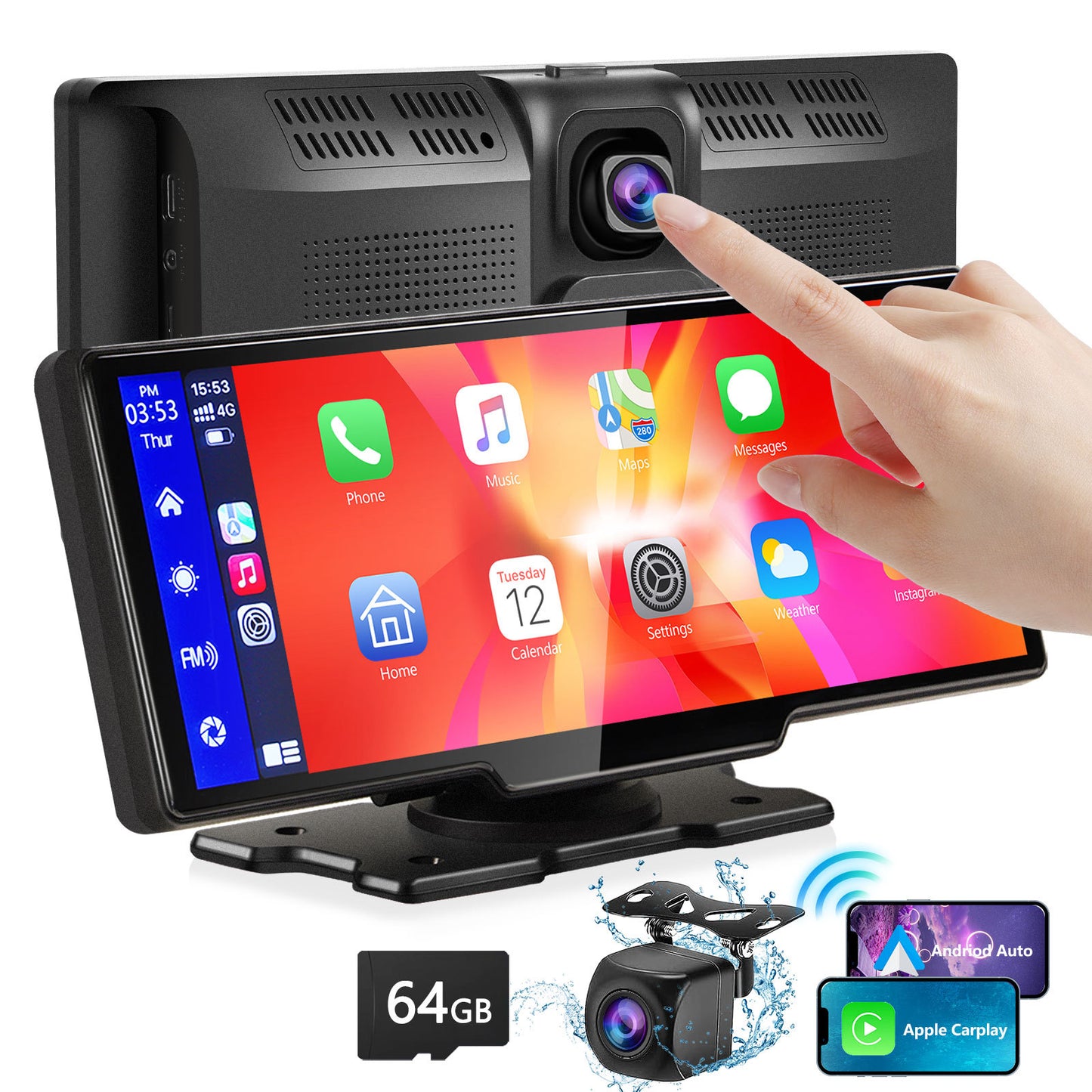 Portable Wireless CarPlay & Android Auto | 9.3" Ultra HD Screen with 2.5K Front + 1080P Rear Cameras, GPS, Bluetooth, DVR & FM Radio