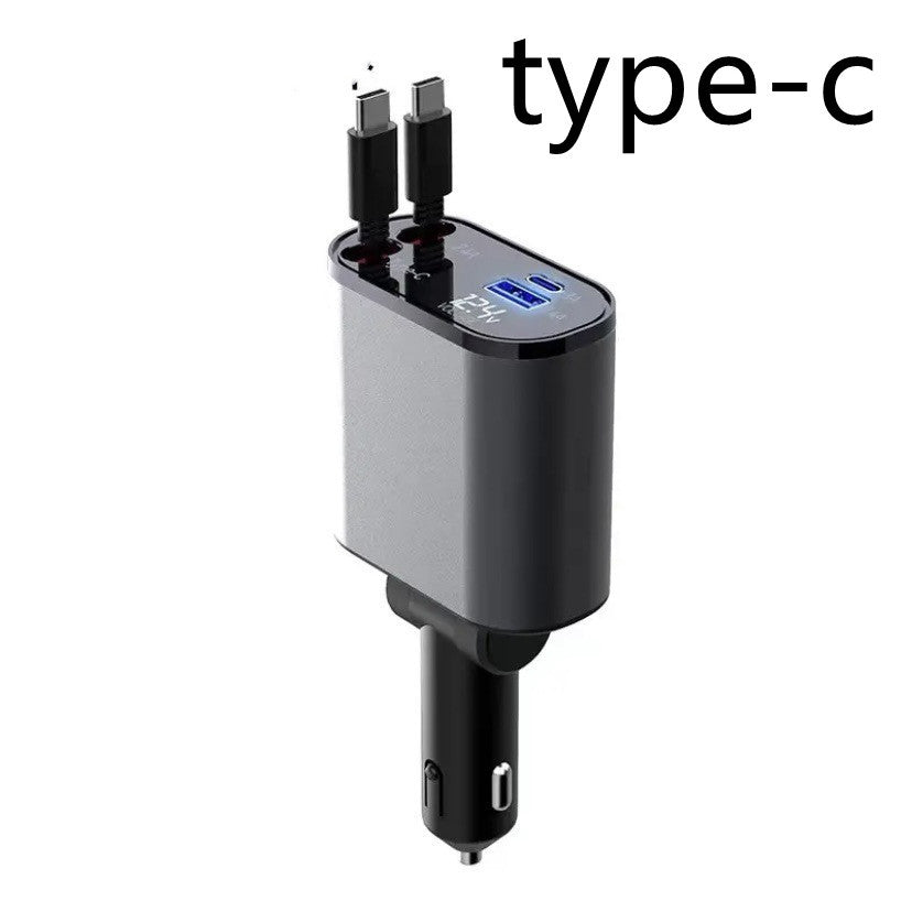Retractable 4-in-1 Car Phone Charger – 86W Fast Charging with Adjustable Head & Voltage Display