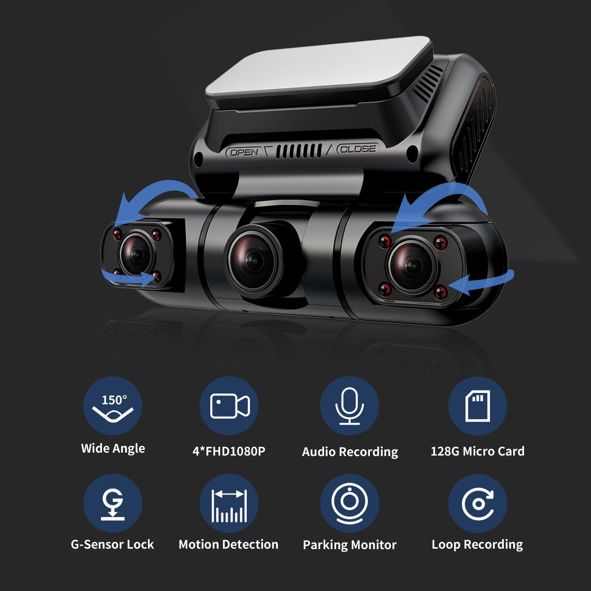 Hainatech 360° 4-Channel Dash Cam | Front, Rear, Inside & Side Views | GPS, WiFi, Night Vision, 24/7 Parking Mode + 128GB Card