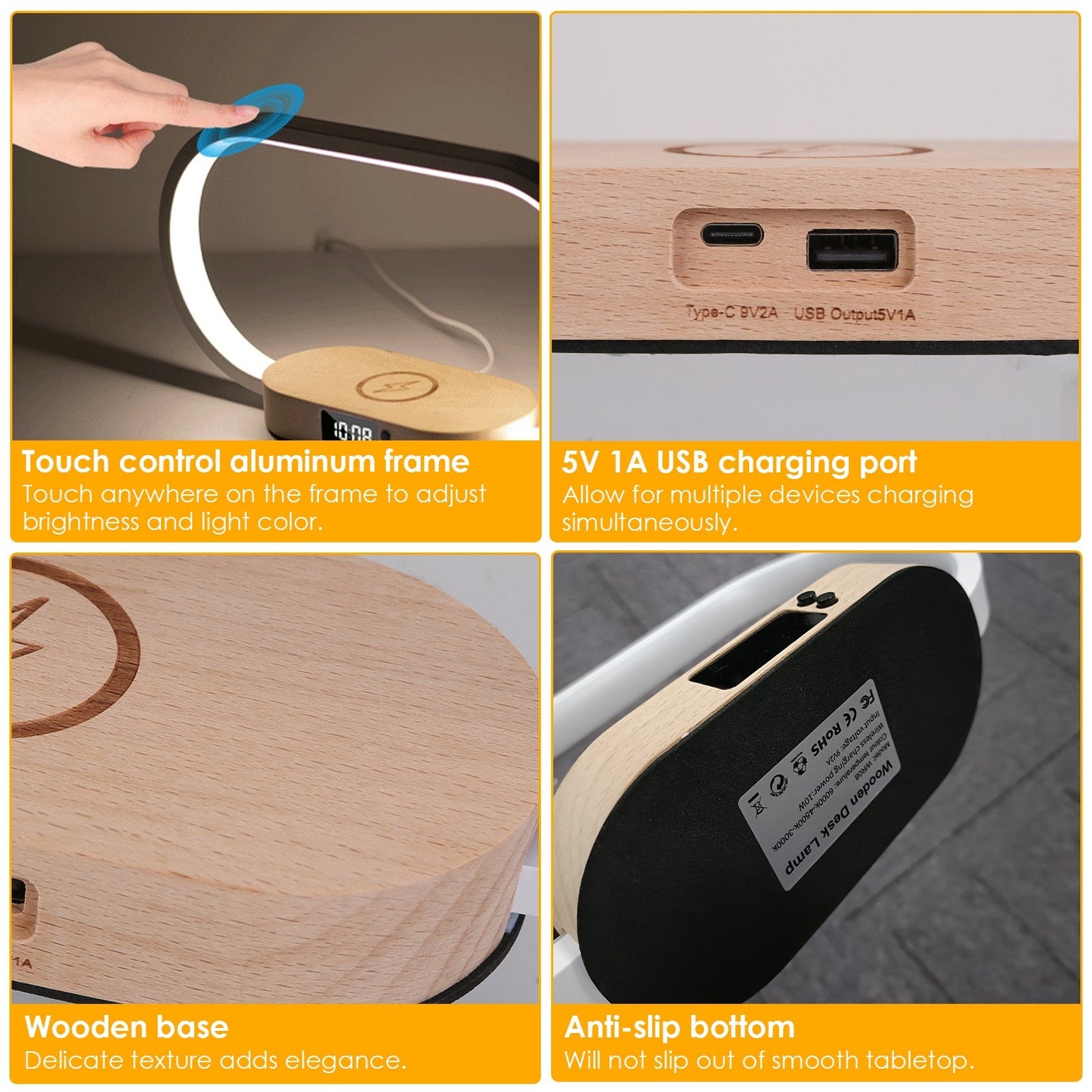 Touch Control Bedside Lamp with Clock & Wireless Charging | LED Dimmable Desk Lamp
