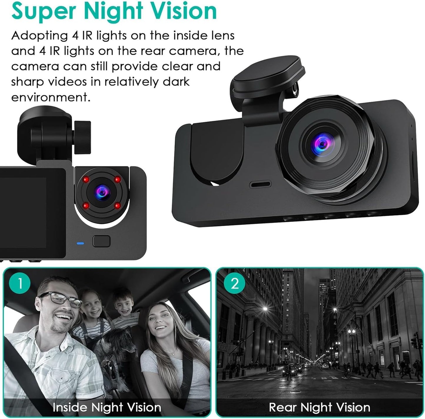 3-Channel Dash Cam 1080P | Front, Rear & Inside Car Camera with 32GB Card | 24H Parking Mode, Loop Recording & Night Vision