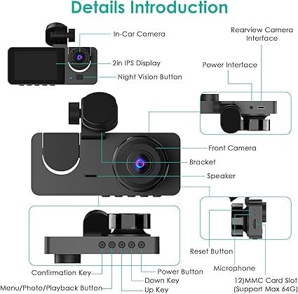3-Channel Dash Cam 1080P | Front, Rear & Inside Car Camera with 32GB Card | 24H Parking Mode, Loop Recording & Night Vision