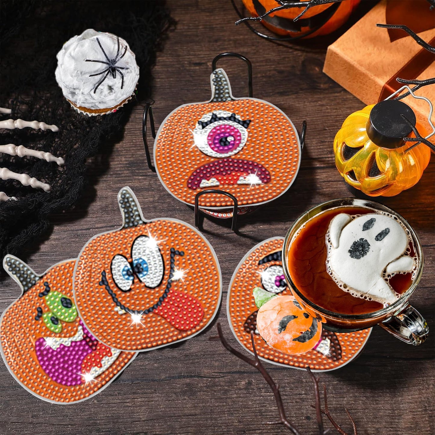 8 Packs Halloween Rhinestone Art Coasters – Multicolor Acrylic Pumpkin Design DIY Coaster Set with Imitation Diamonds