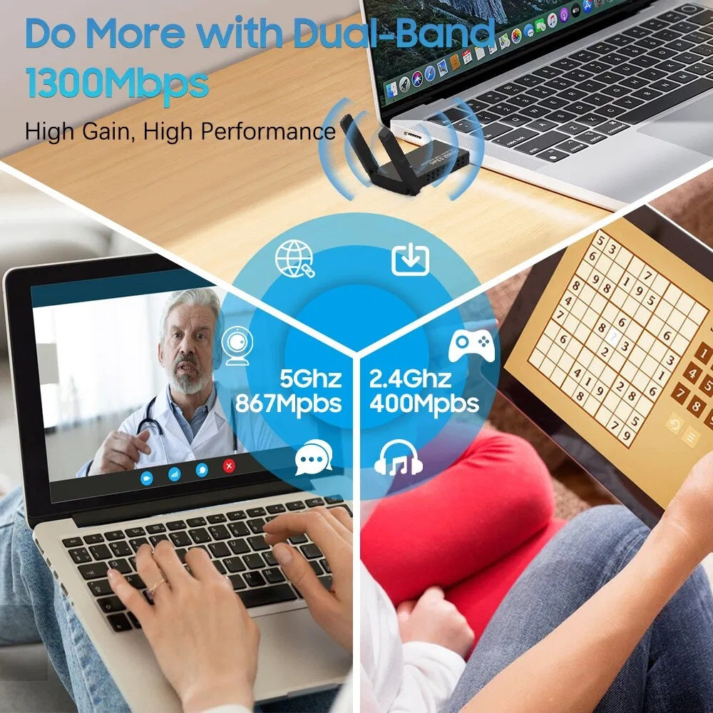 USB 3.0, WiFi Adapter, 1300Mbps, Dual Band, 5GHz, Long Range.