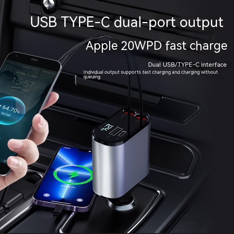 Retractable 4-in-1 Car Phone Charger – 86W Fast Charging with Adjustable Head & Voltage Display