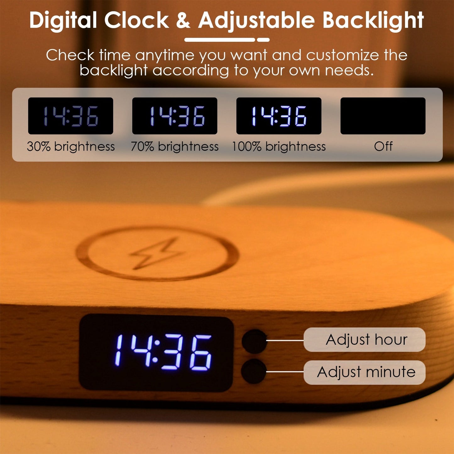 Touch Control Bedside Lamp with Clock & Wireless Charging | LED Dimmable Desk Lamp