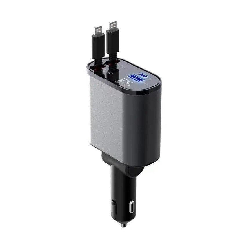 Retractable 4-in-1 Car Phone Charger – 86W Fast Charging with Adjustable Head & Voltage Display