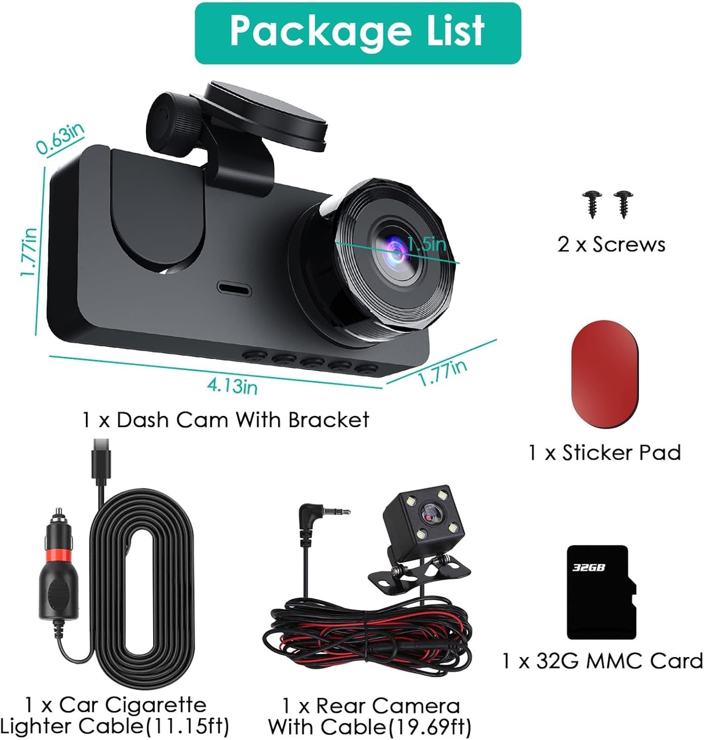 3-Channel Dash Cam 1080P | Front, Rear & Inside Car Camera with 32GB Card | 24H Parking Mode, Loop Recording & Night Vision