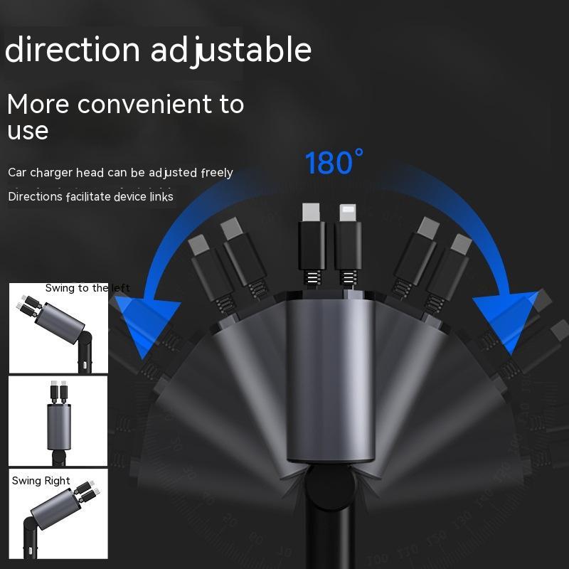 Retractable 4-in-1 Car Phone Charger – 86W Fast Charging with Adjustable Head & Voltage Display