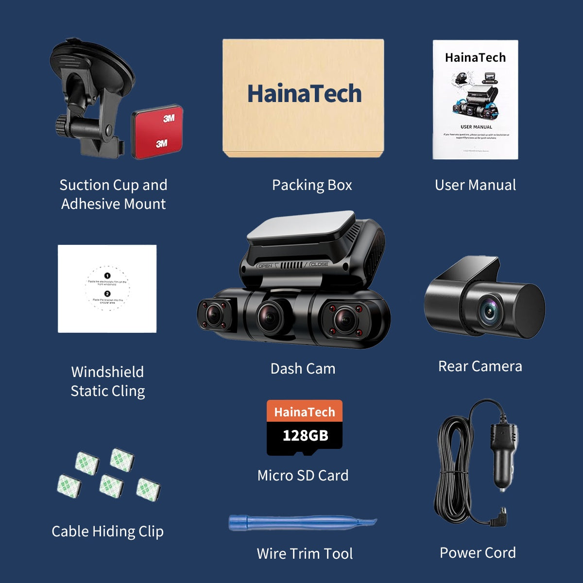 Hainatech 360° 4-Channel Dash Cam | Front, Rear, Inside & Side Views | GPS, WiFi, Night Vision, 24/7 Parking Mode + 128GB Card