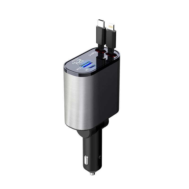 Retractable 4-in-1 Car Phone Charger – 86W Fast Charging with Adjustable Head & Voltage Display