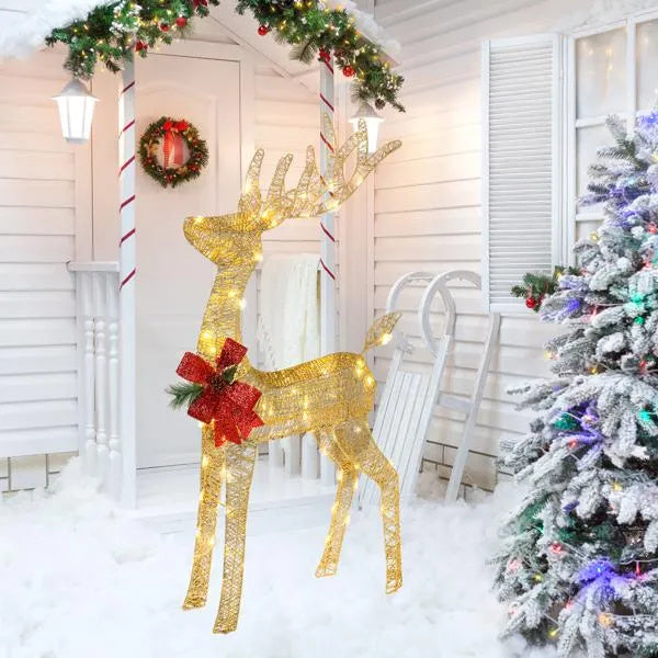 Christmas Reindeer Decoration with Pine Bow & Glitter Finish – Outdoor Holiday Yard Ornament