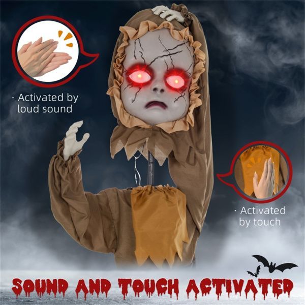 5.2ft Animated Halloween Doll Decoration – Spooky Doll with Glowing Red Eyes, Sound & Motion Activated by Touch or Noise