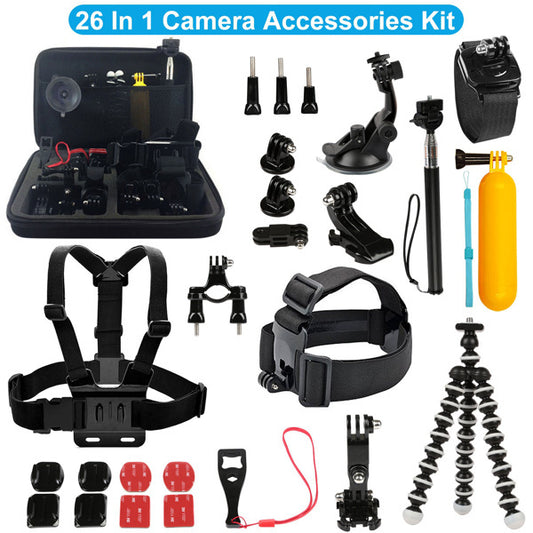 26-in-1 Camera Accessories Kit – Head/Chest/Wrist Strap, Floating Mount, Selfie Stick, Suction Cup, Tripod & Mounting Set for GoPro & Action Cameras