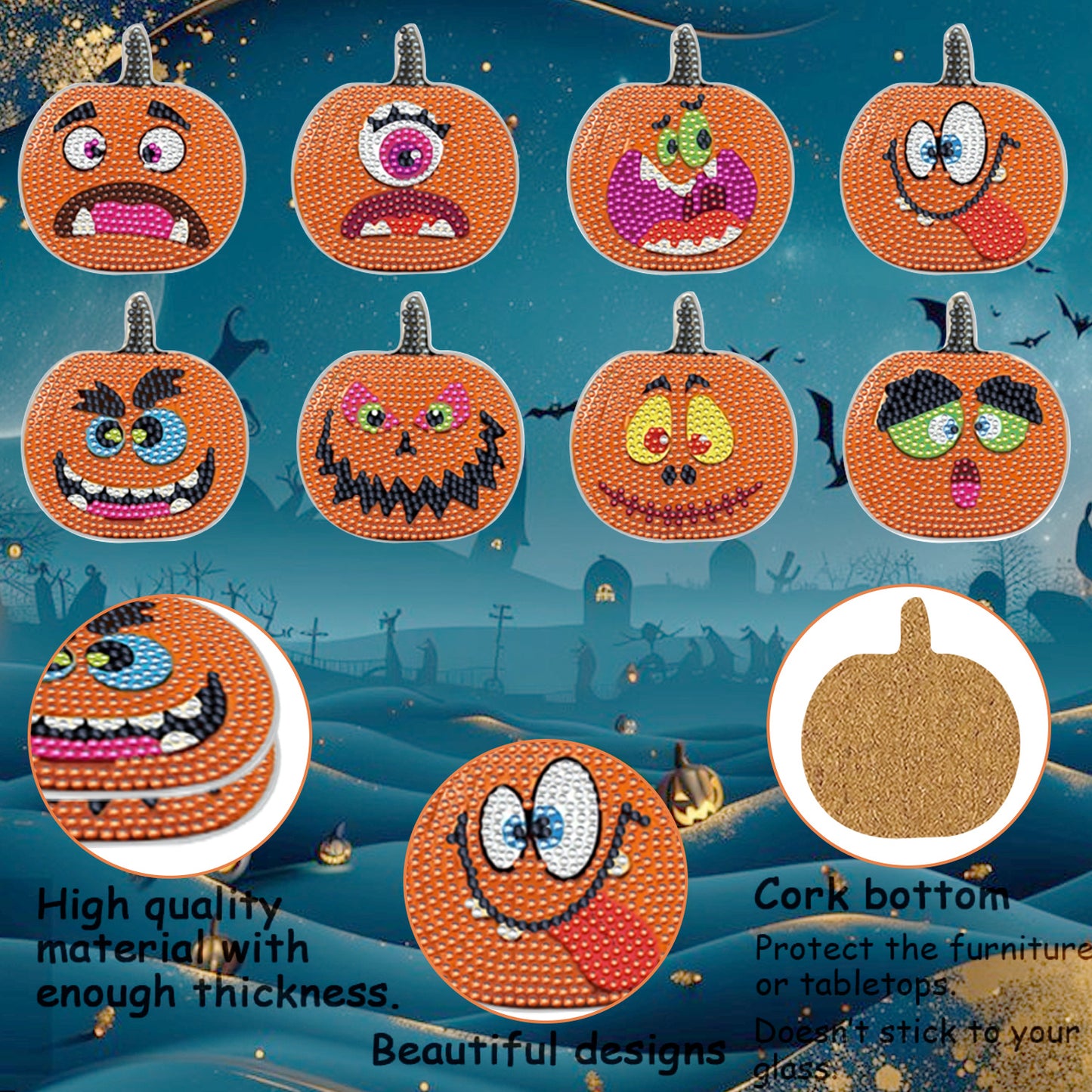 8 Packs Halloween Rhinestone Art Coasters – Multicolor Acrylic Pumpkin Design DIY Coaster Set with Imitation Diamonds