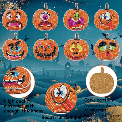 8 Packs Halloween Rhinestone Art Coasters – Multicolor Acrylic Pumpkin Design DIY Coaster Set with Imitation Diamonds