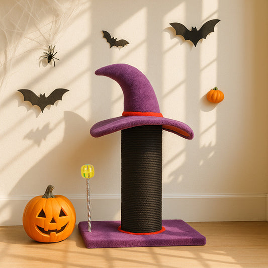 Halloween Wizard Hat Cat Scratching Post with Spring Ball Toy – Spooky Purple Cat Scratcher for Indoor Cats