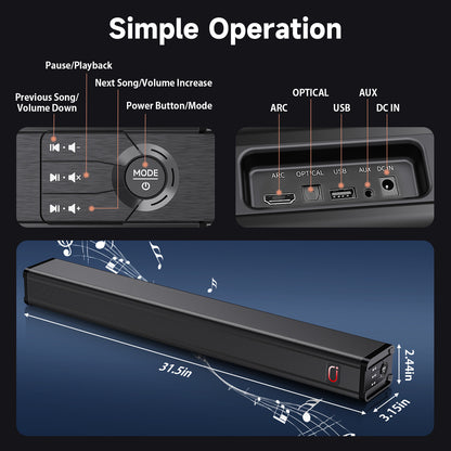 JYX H7 31.5" Soundbar with Subwoofer | 3D Surround Sound for TV | Wall-Mountable Home Theater Speaker