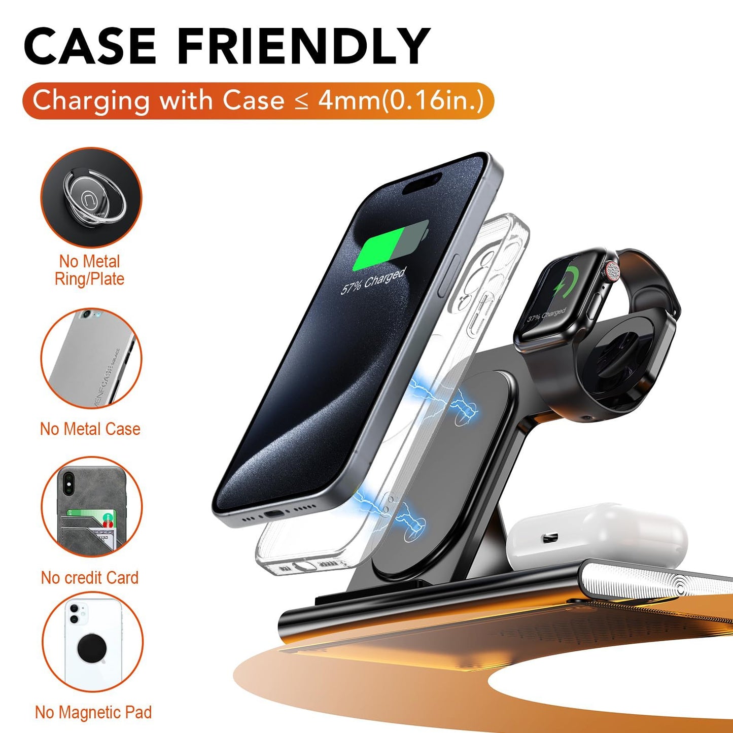 4-in-1, Wireless Charging Station, Foldable, 15W, Night Light, iPhone, AirPods, iWatch.