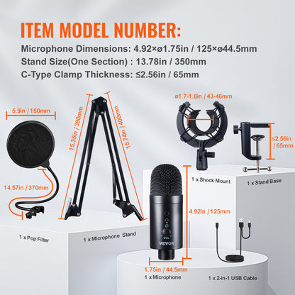 VEVOR USB Condenser Microphone Kit – 192kHz/24-bit with Boom Arm, Shock Mount & Mute Button