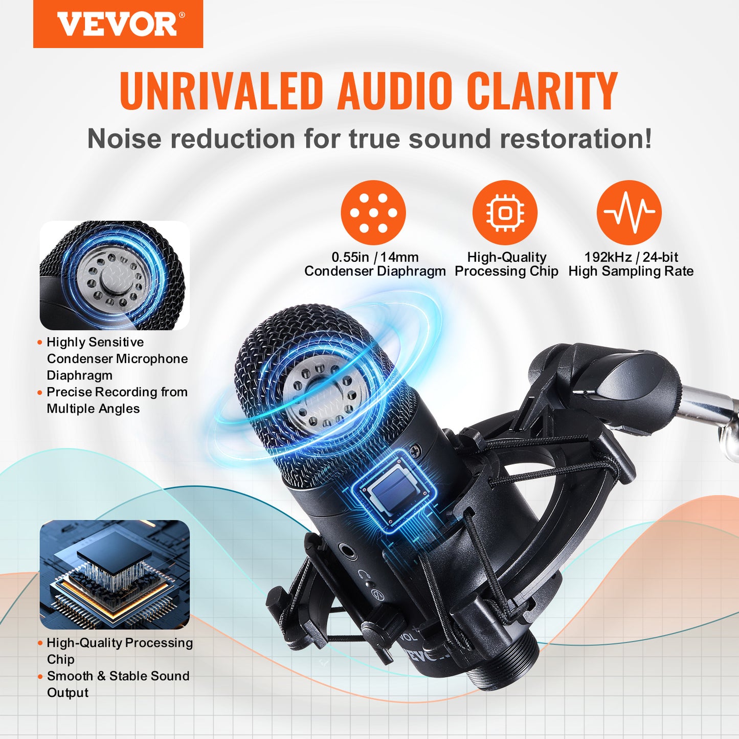 VEVOR USB Condenser Microphone Kit – 192kHz/24-bit with Boom Arm, Shock Mount & Mute Button