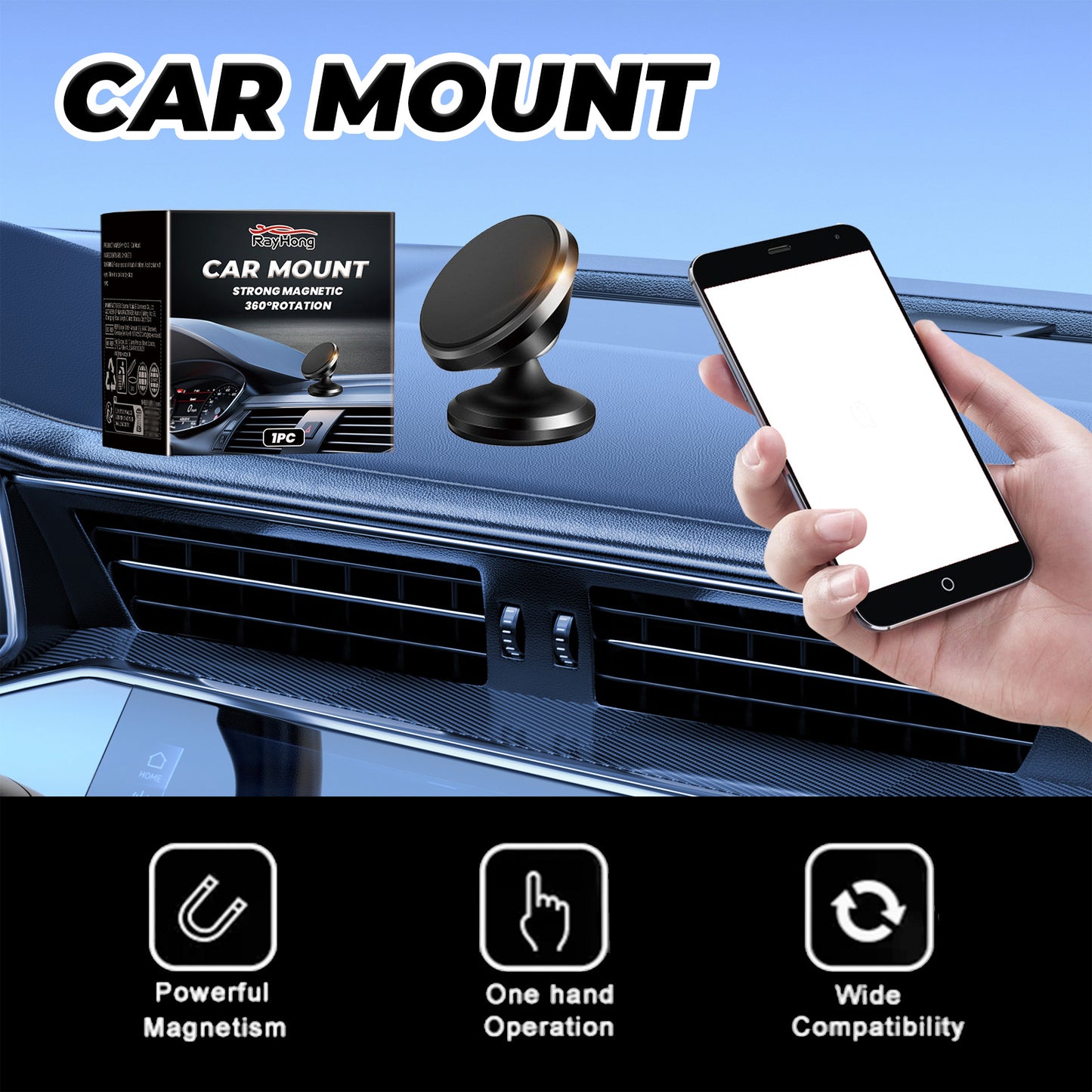 Rayhong Magnetic Folding Car Phone Stand | 360° Rotating Dashboard Mount