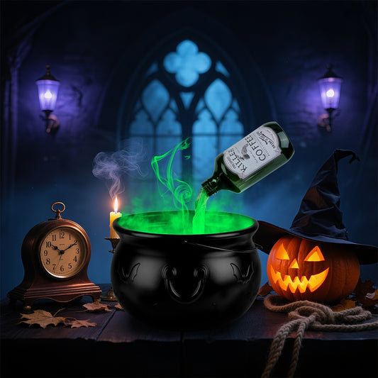 Halloween Floating Potion Bottles with Witch Cauldron & Mist Maker – Green Light Spooky Vintage Party Decor for Home, Kitchen, Living Room & Entry Table