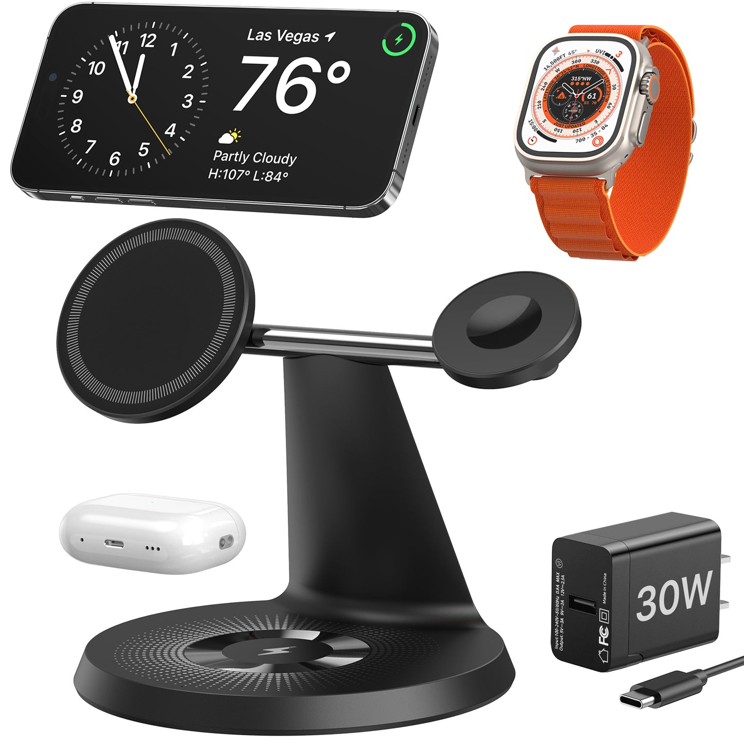 3 In 1 Wireless MagSafe Charging Station For Multiple Devices 30W Adapter Included