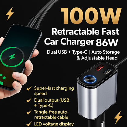 100W Metal Car Charger | Super Fast USB & Type-C Adapter