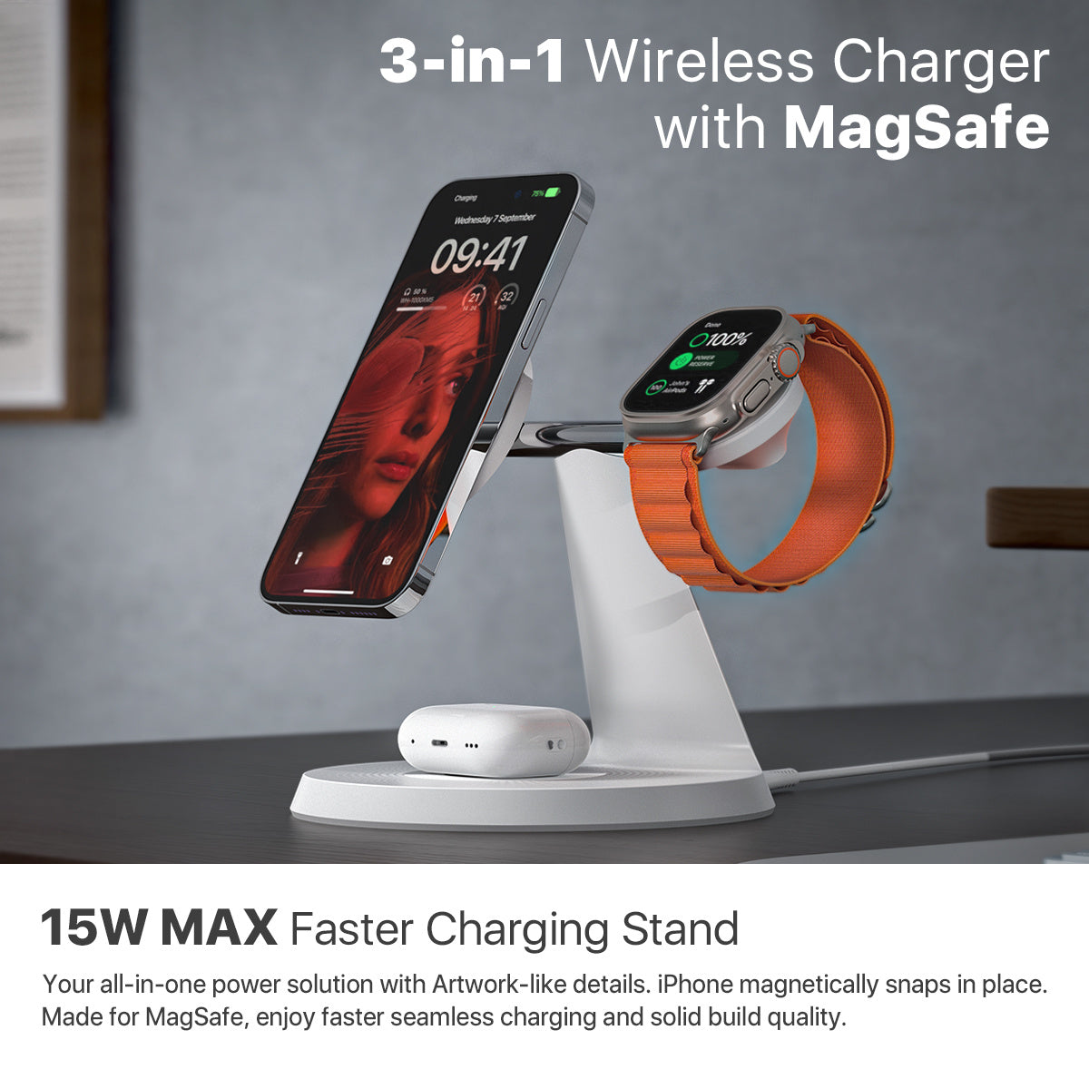 3 In 1 Wireless MagSafe Charging Station For Multiple Devices 30W Adapter Included