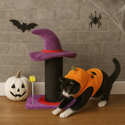 Halloween Wizard Hat Cat Scratching Post with Spring Ball Toy – Spooky Purple Cat Scratcher for Indoor Cats